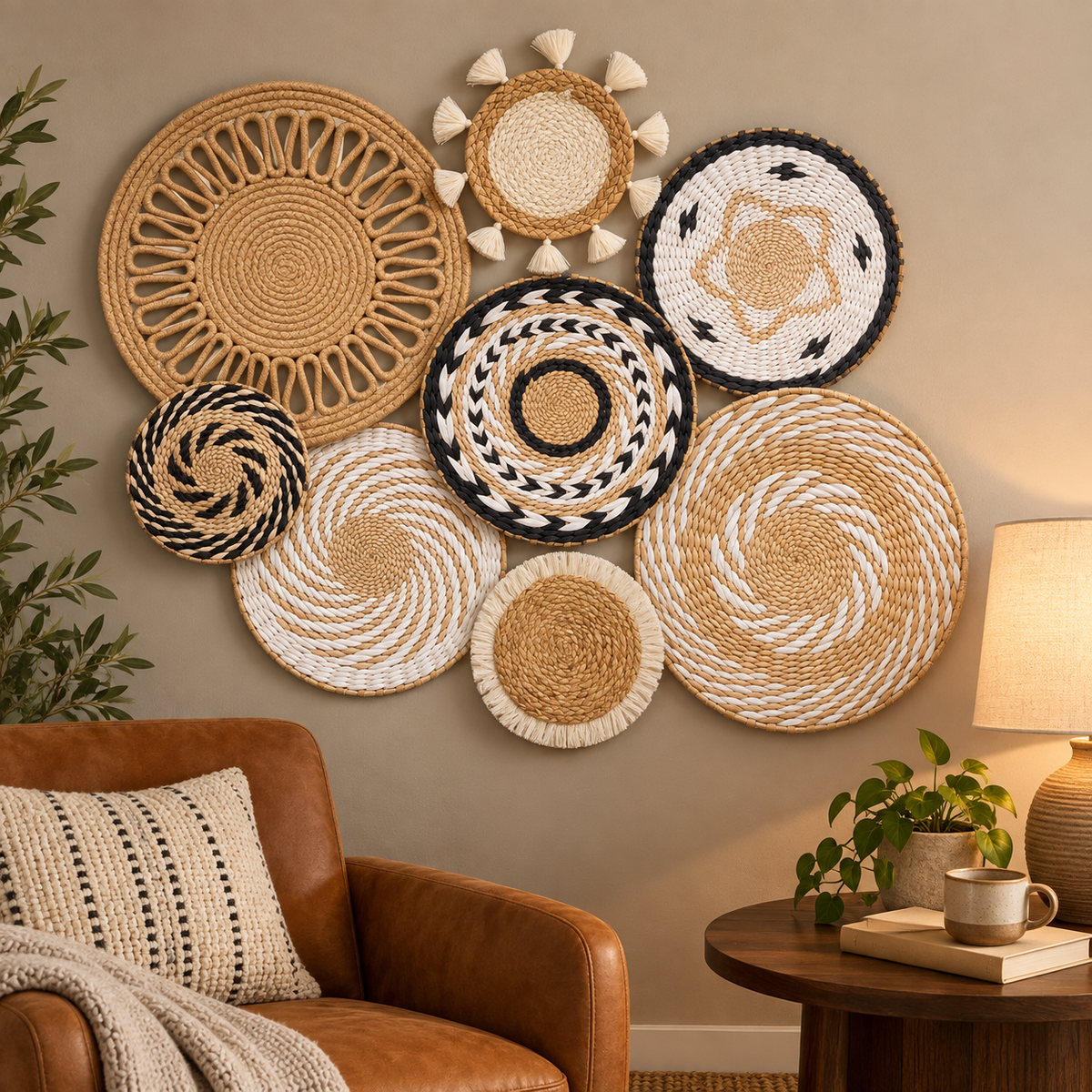 Black white and natural boho wall decor in a reading corner