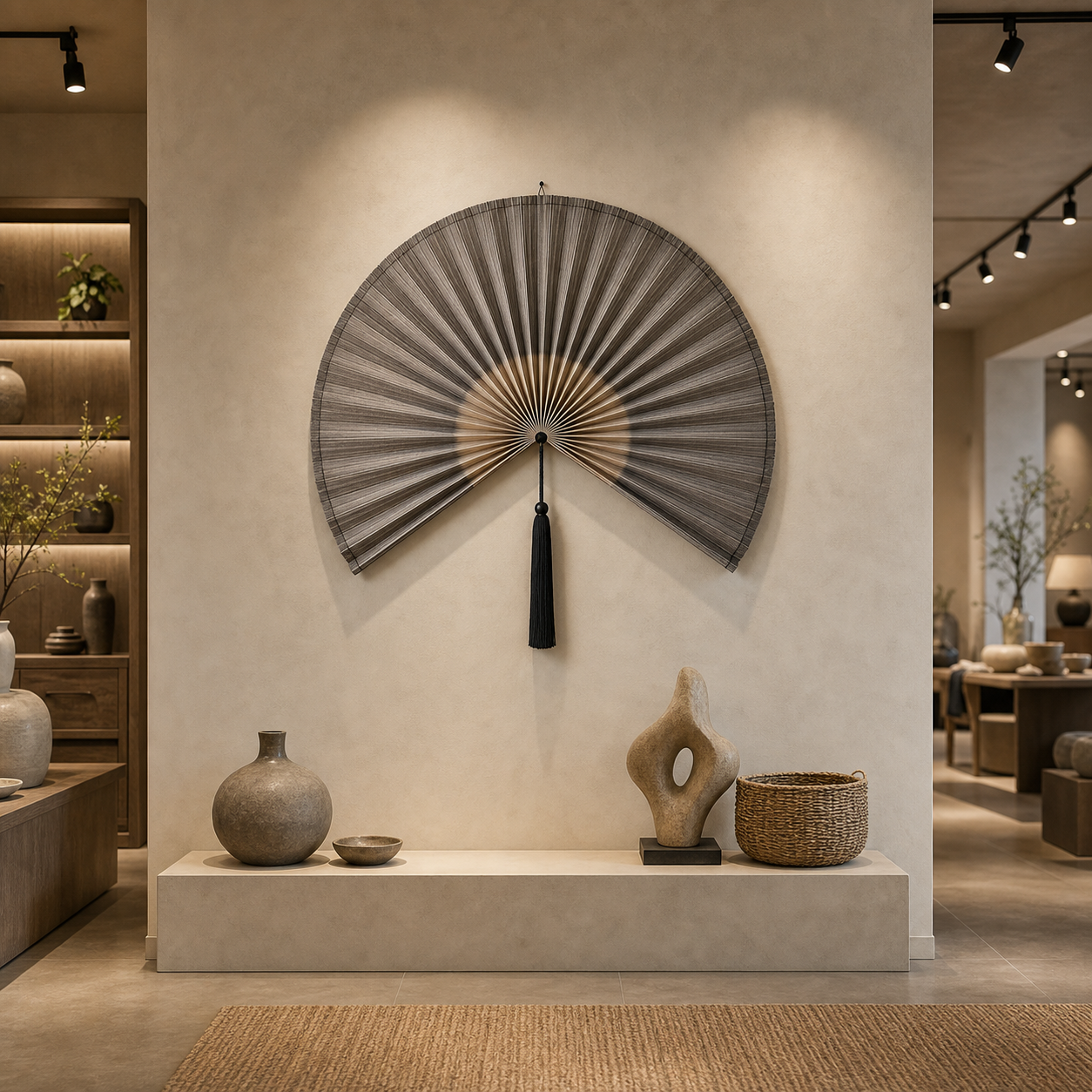 Taupe Gray Handwoven Bamboo Wall Fan with Black Tassels