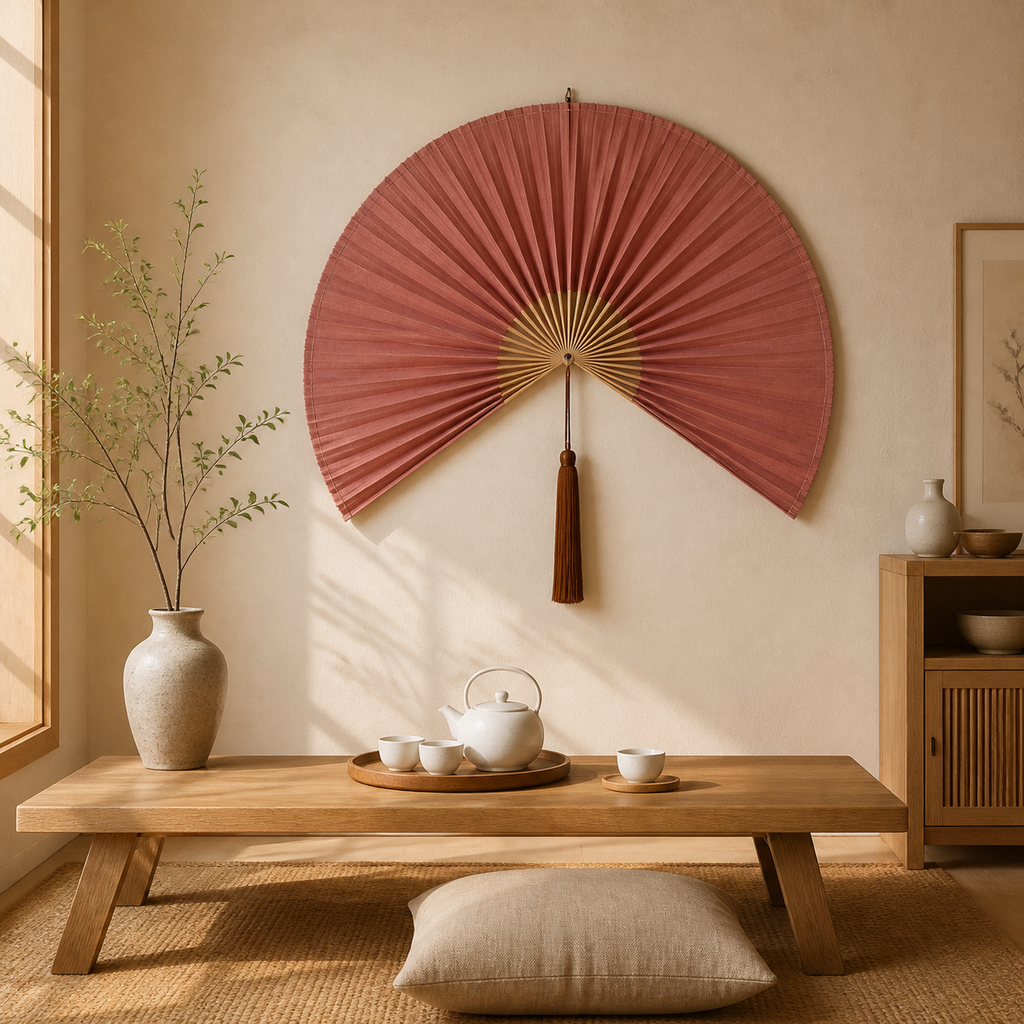 Warm Pink Handwoven Bamboo Wall Fan with Brown Tassels