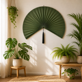 Olive Green Handwoven Bamboo Wall Fan with Black Tassels