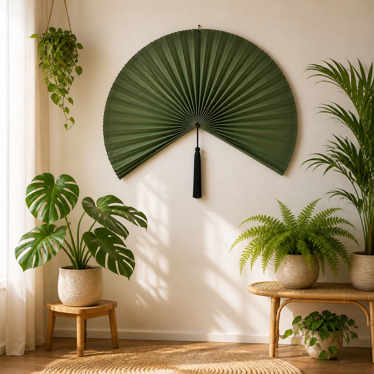 Olive Green Handwoven Bamboo Wall Fan with Black Tassels