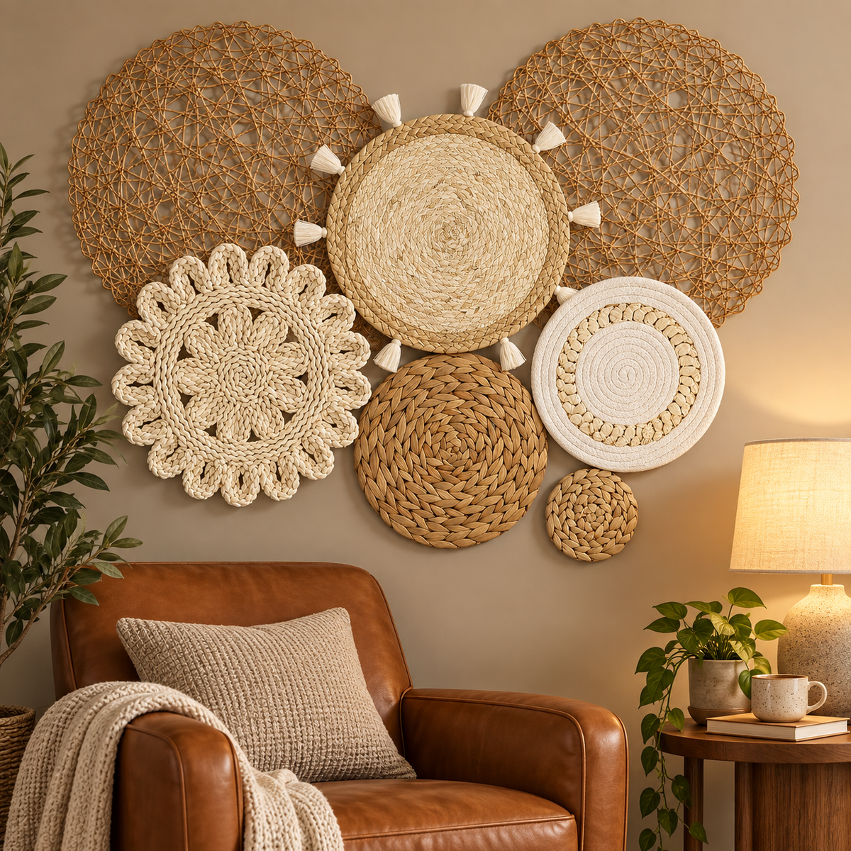 Natural fiber floral wall decor in a cozy reading corner