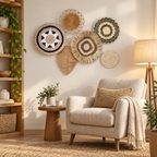 Natural fiber geometric wall decor in a cozy reading corner