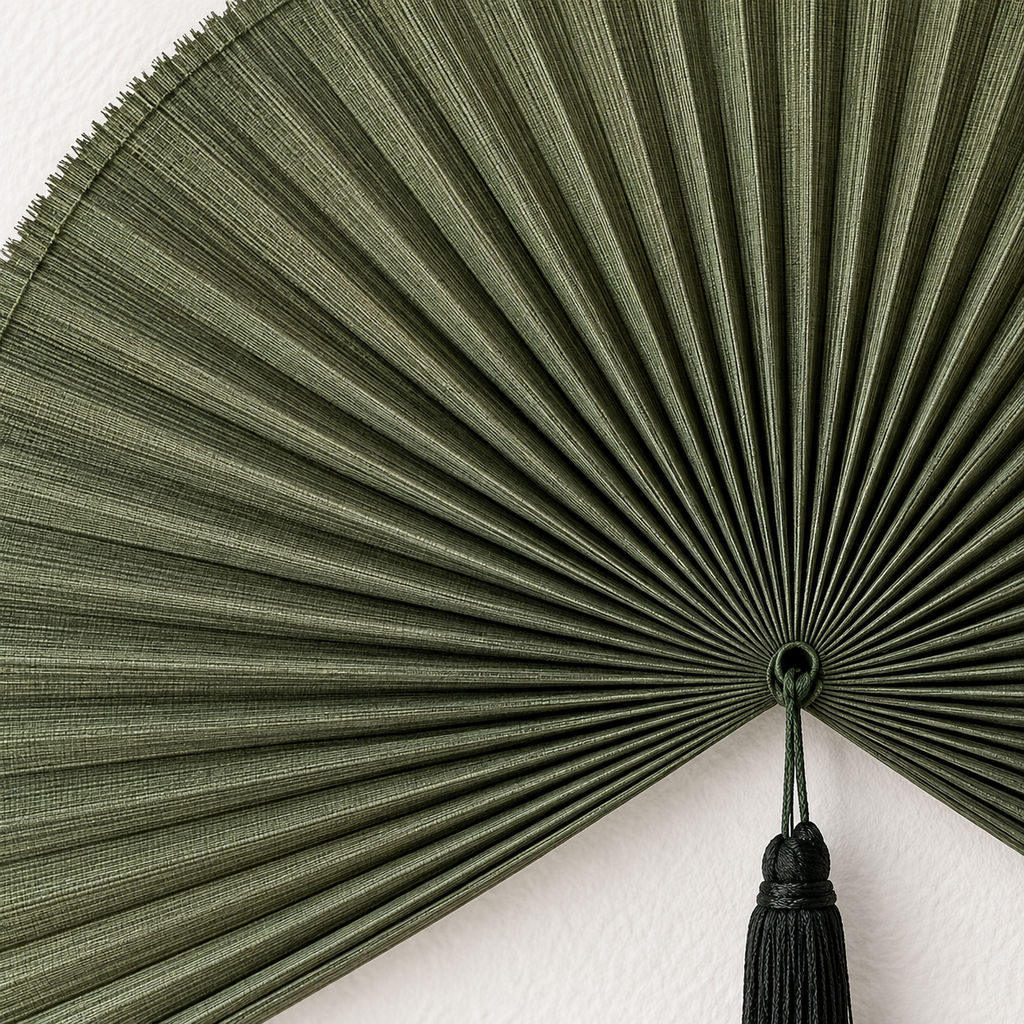 Dark Olive Green woven wall fan texture and tassel detail