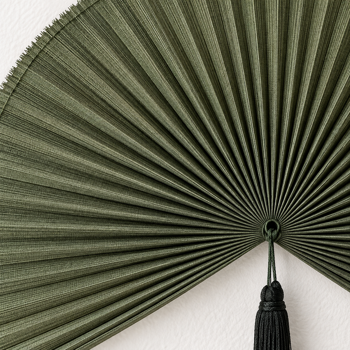 Dark Olive Green woven wall fan texture and tassel detail