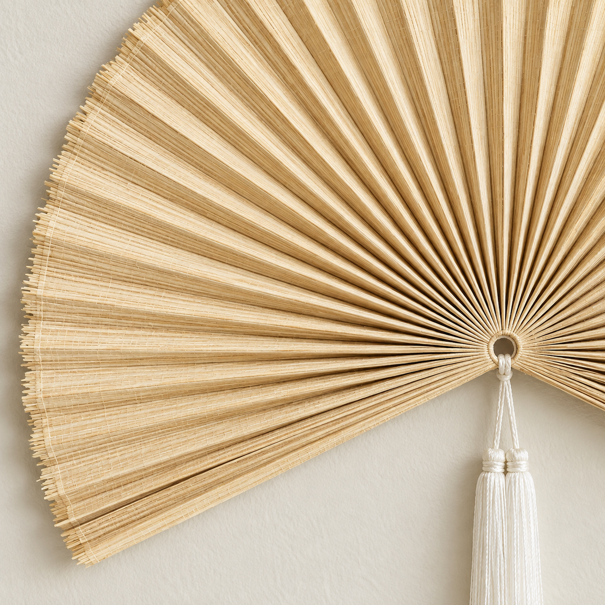 Natural Beige woven wall fan texture and tassel detail