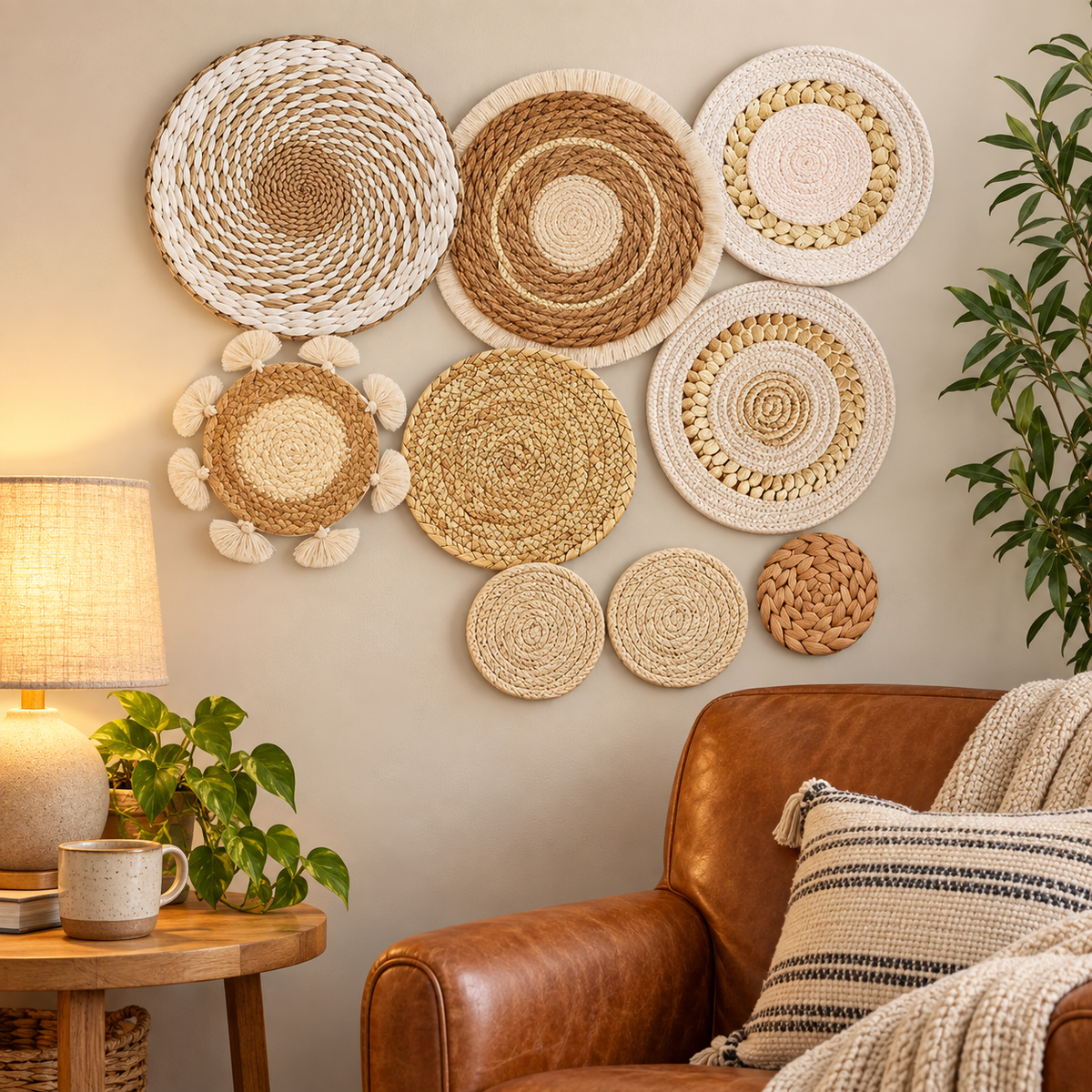 Natural fiber spiral wall decor in a cozy reading corner