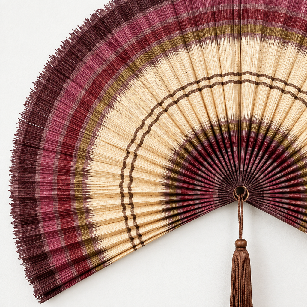 Burgundy & Natural Striped woven wall fan texture and tassel detail