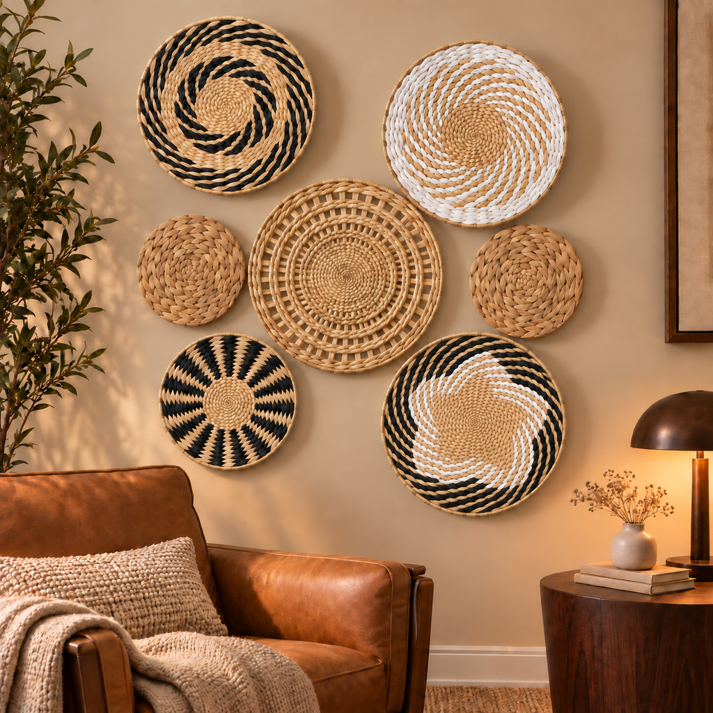 7-Piece Woven Wall Basket Set - Boho Black and White Wall Decor image 8