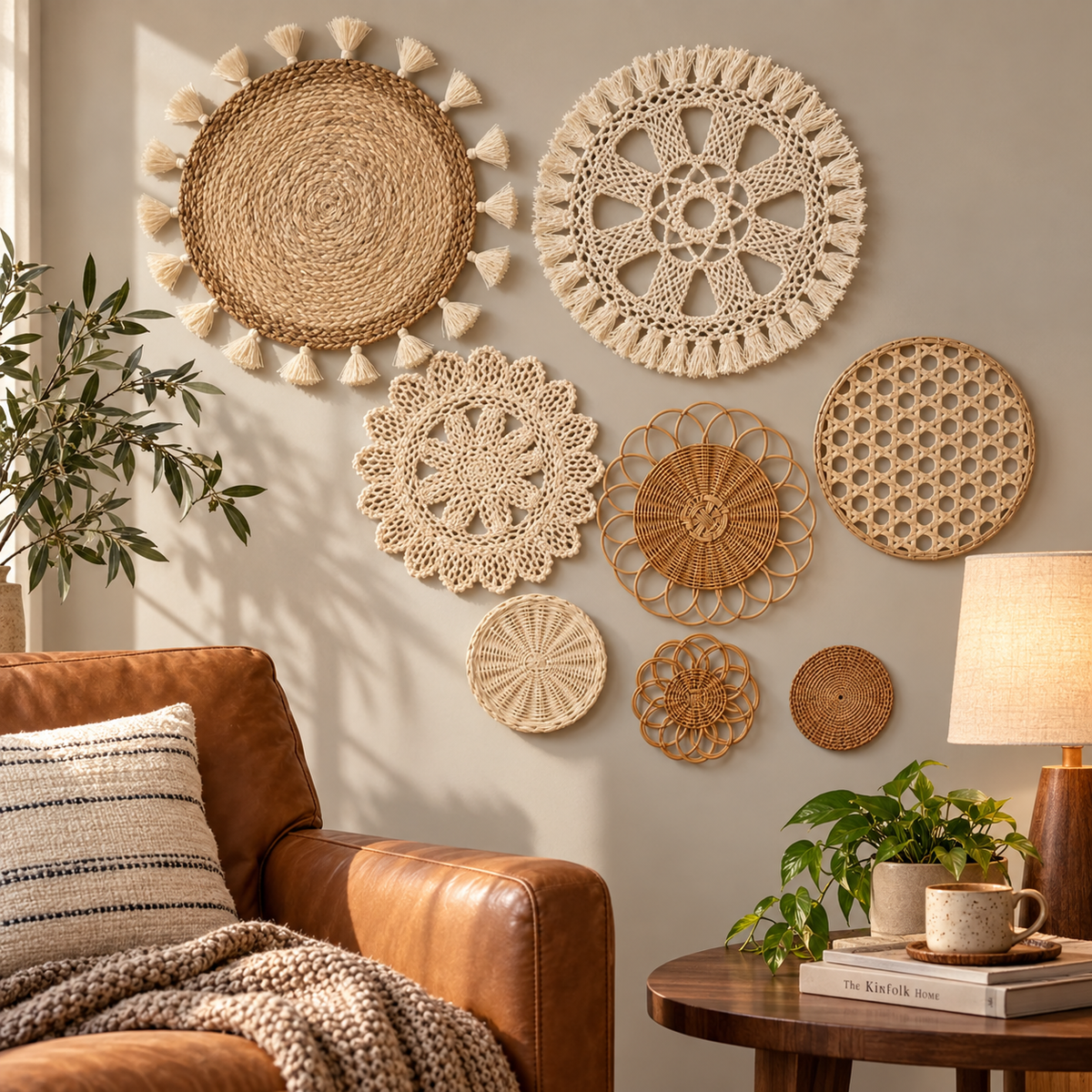 Natural fiber crochet wall decor in a cozy reading corner