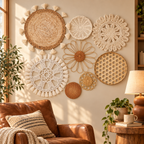 Natural fiber openwork wall decor in a cozy reading corner