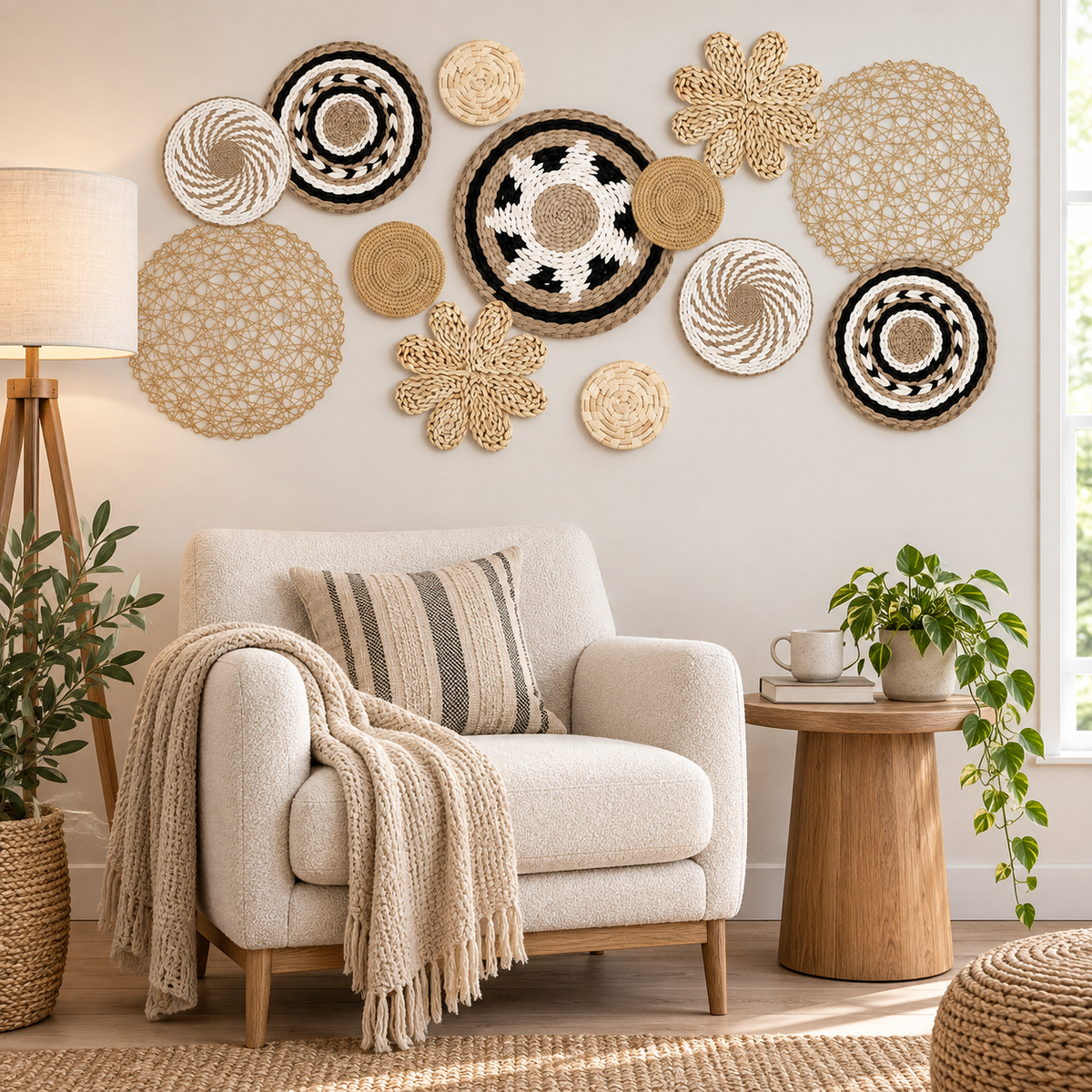 Natural fiber geometric wall decor in a reading corner