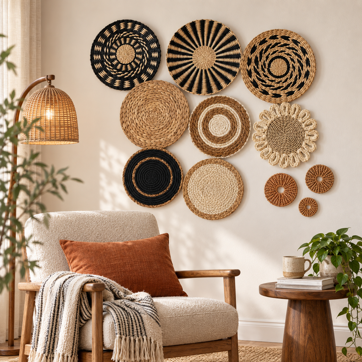 Natural fiber geometric wall decor in a reading corner