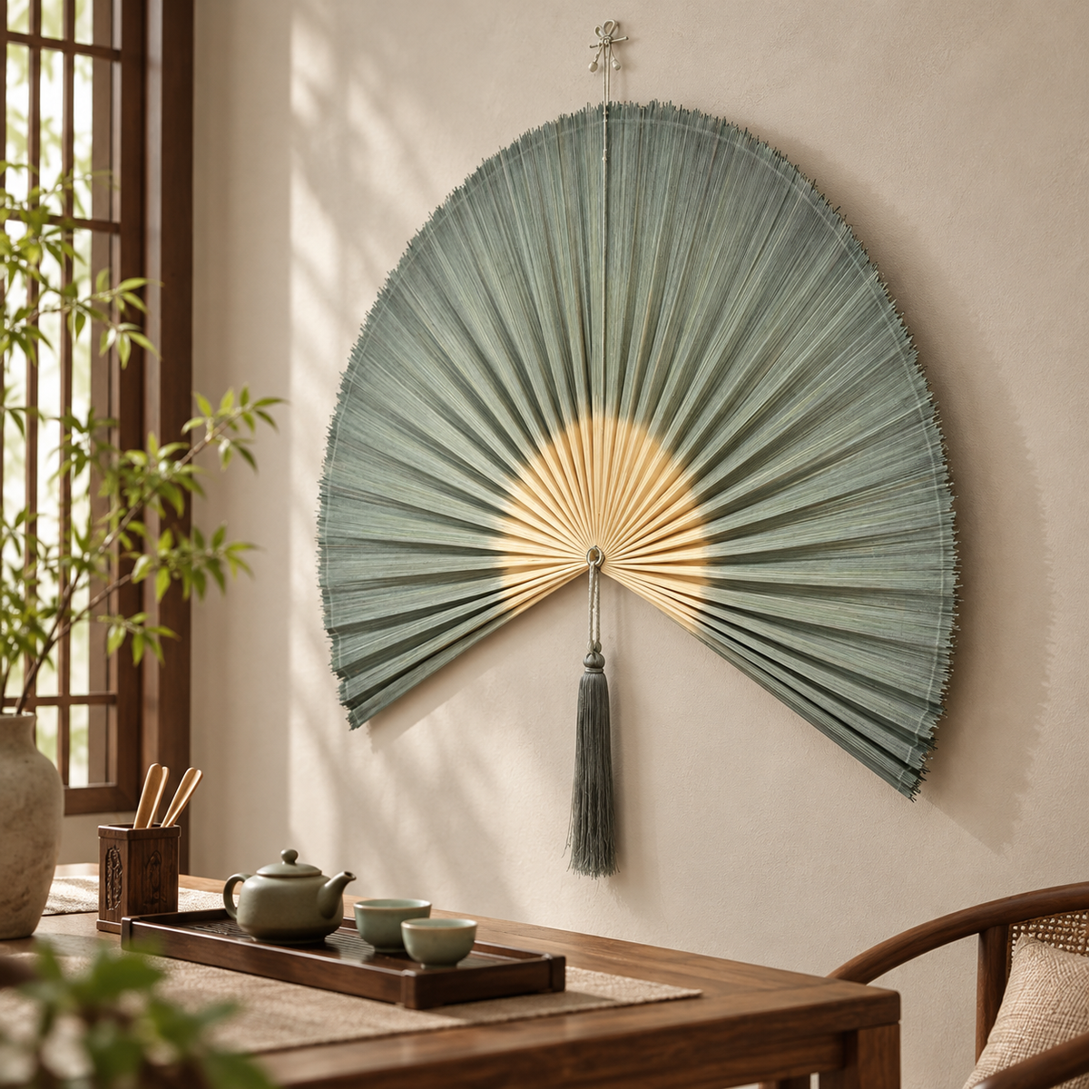 Side view of pleated sage green decorative fan in a tea room