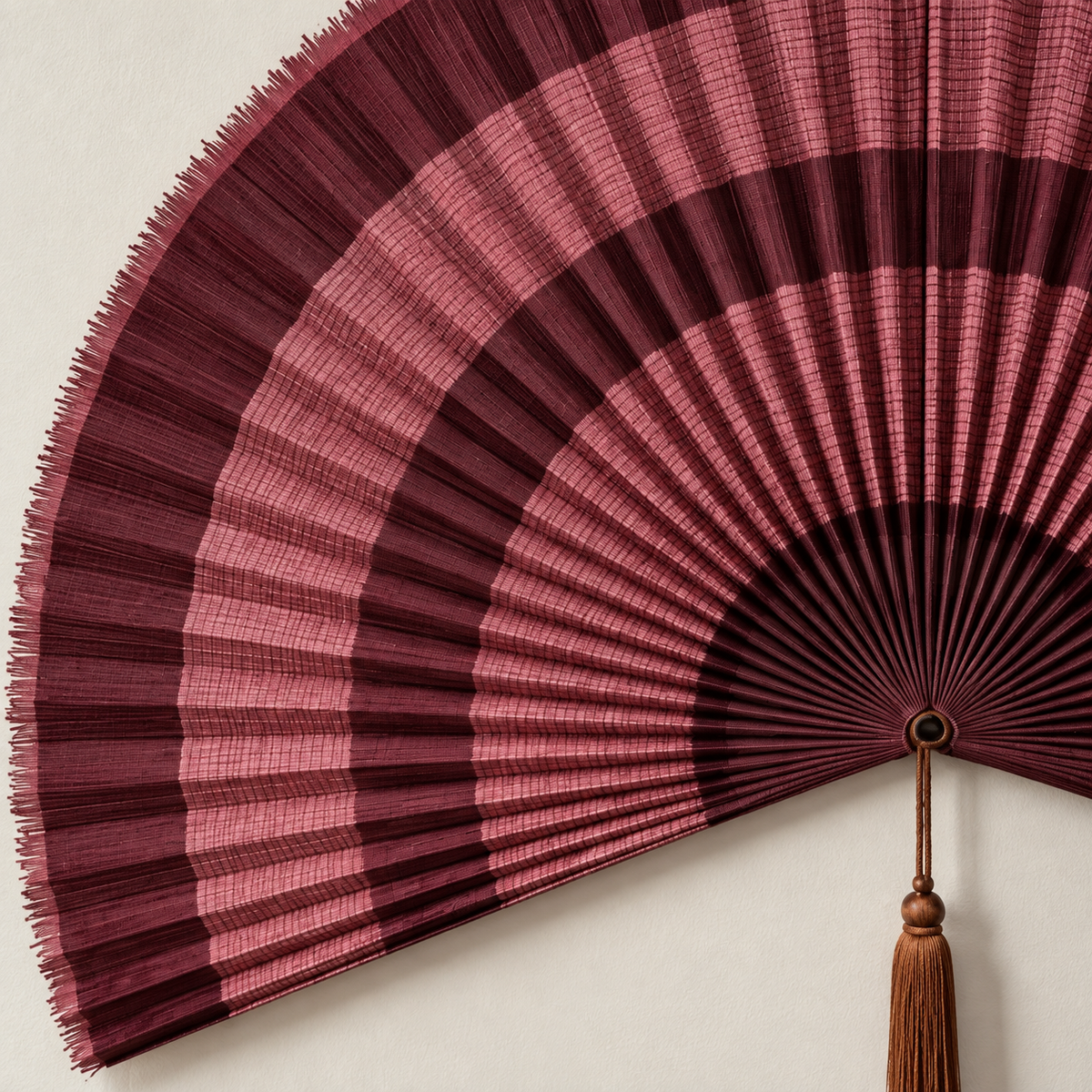 Burgundy & Dusty Pink Striped woven wall fan texture and tassel detail