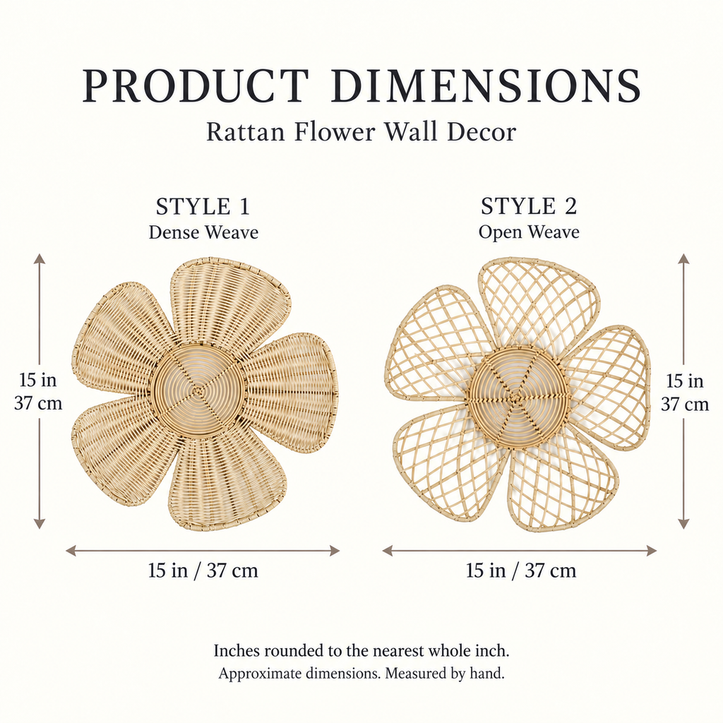 Both rattan flower styles measuring 37 by 37 cm or approximately 15 by 15 inches each