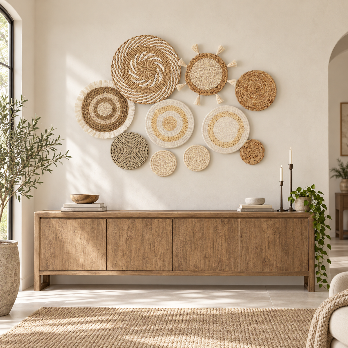 Ten-piece sage green basket gallery wall arranged on a large wall