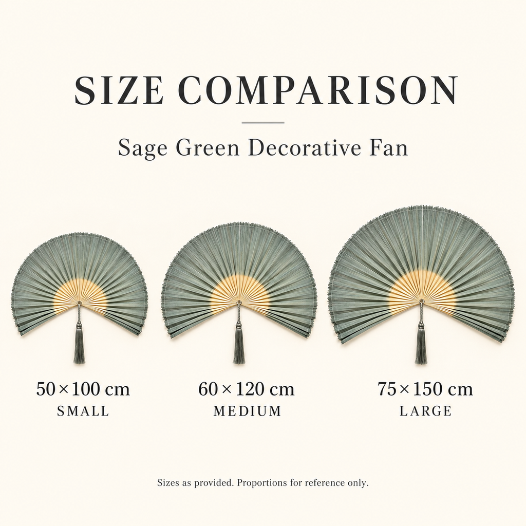 Sage green wall fan size comparison showing 100 120 and 150 cm widths