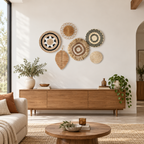 Six-piece woven leaf and basket gallery wall on a large wall