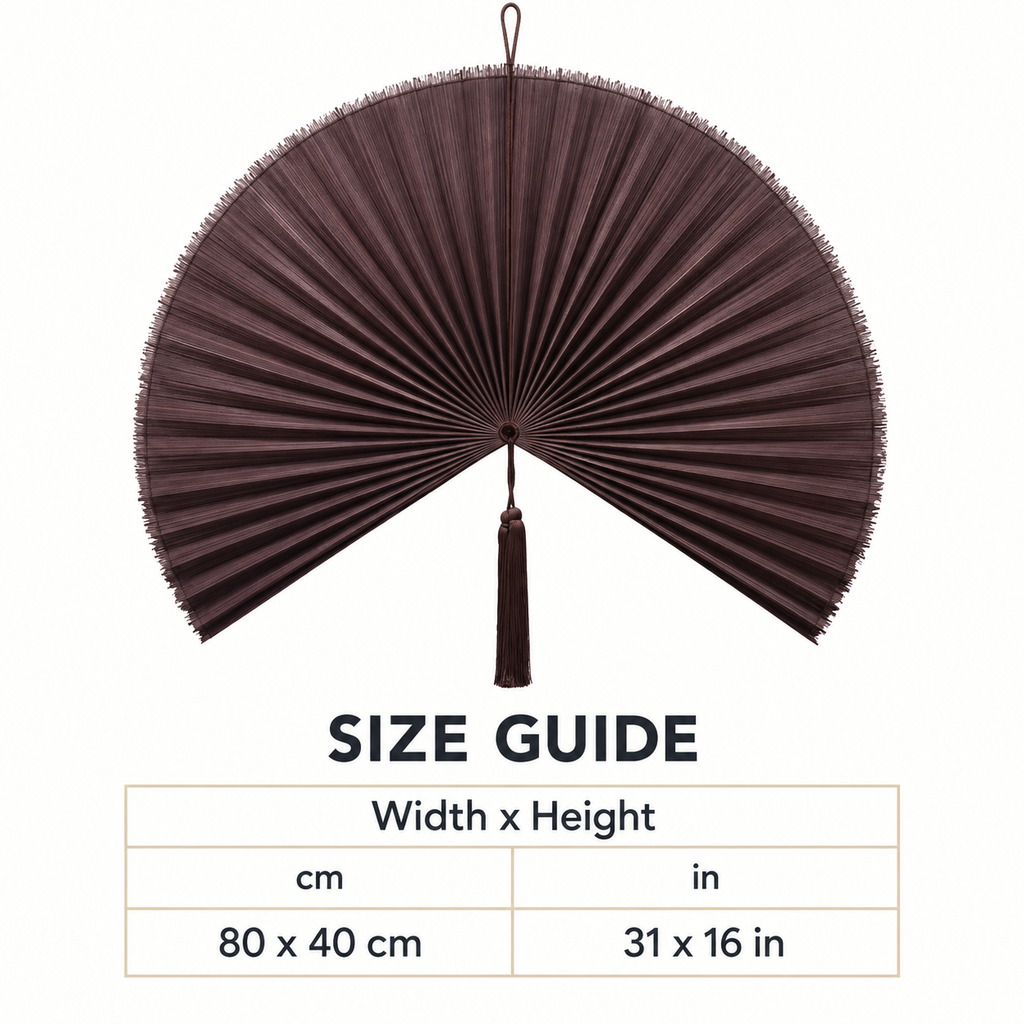 Smoky Plum woven wall fan available sizes in centimeters and inches
