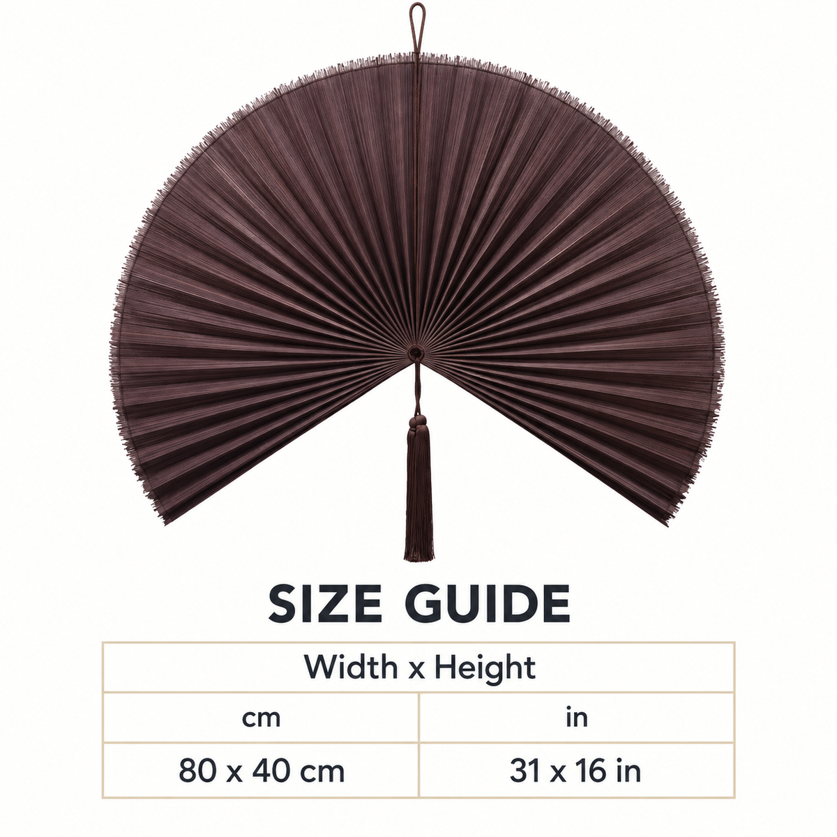 Smoky Plum woven wall fan available sizes in centimeters and inches