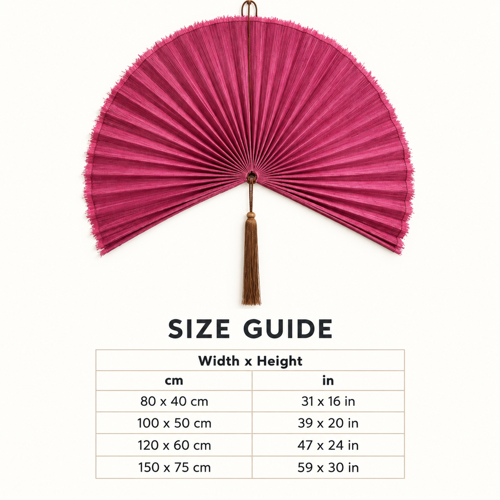 Rose Pink woven wall fan available sizes in centimeters and inches