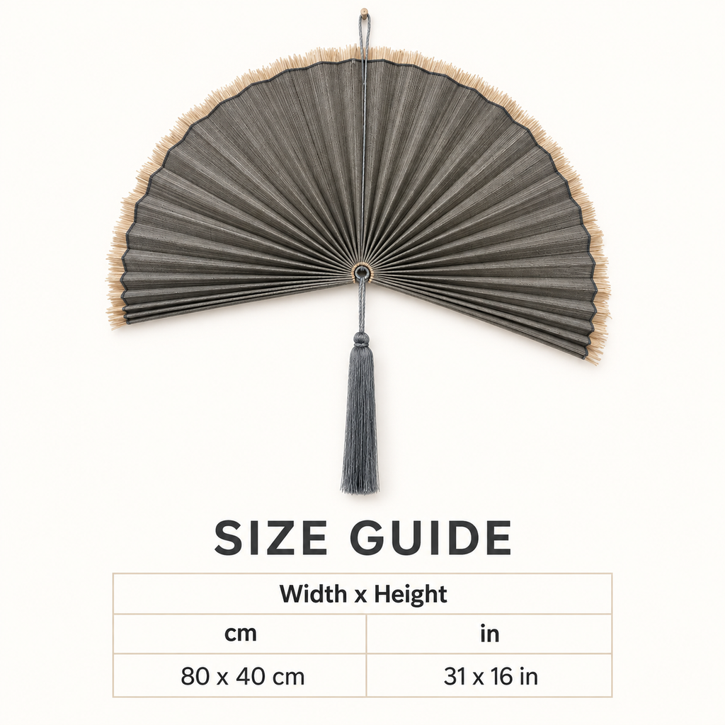 Deep Gray woven wall fan available sizes in centimeters and inches