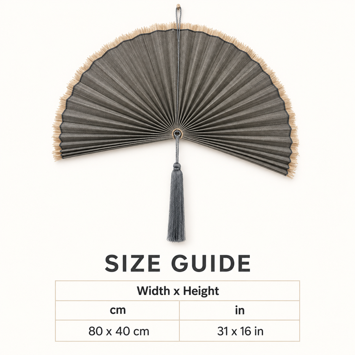 Deep Gray woven wall fan available sizes in centimeters and inches