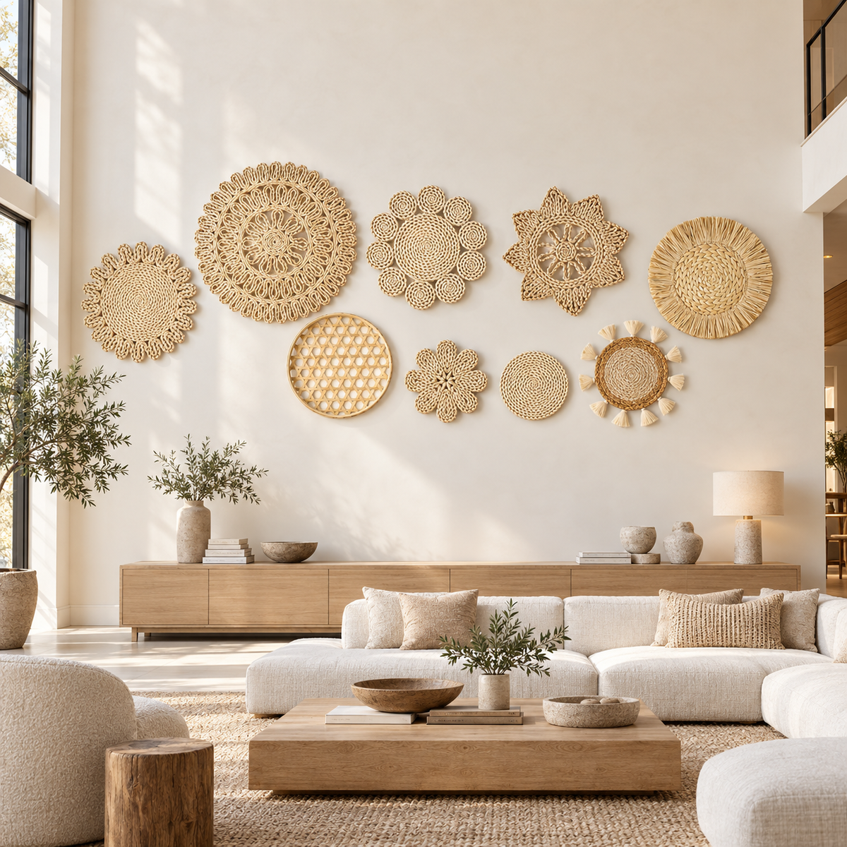 Nine-piece natural basket gallery wall arranged on a large wall