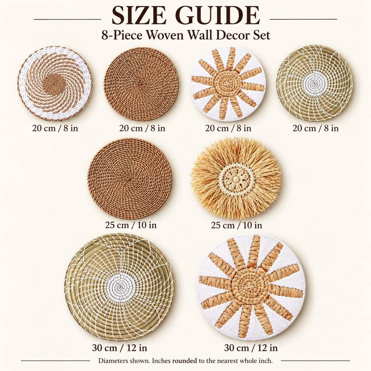 Eight-piece wall decor size guide with four 20 cm two 25 cm and two 30 cm pieces
