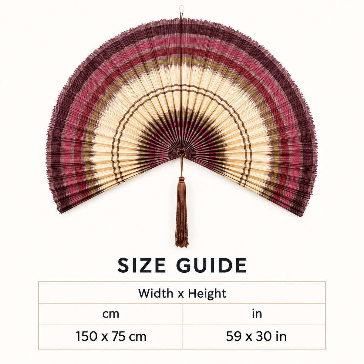 Burgundy & Natural Striped woven wall fan available sizes in centimeters and inches