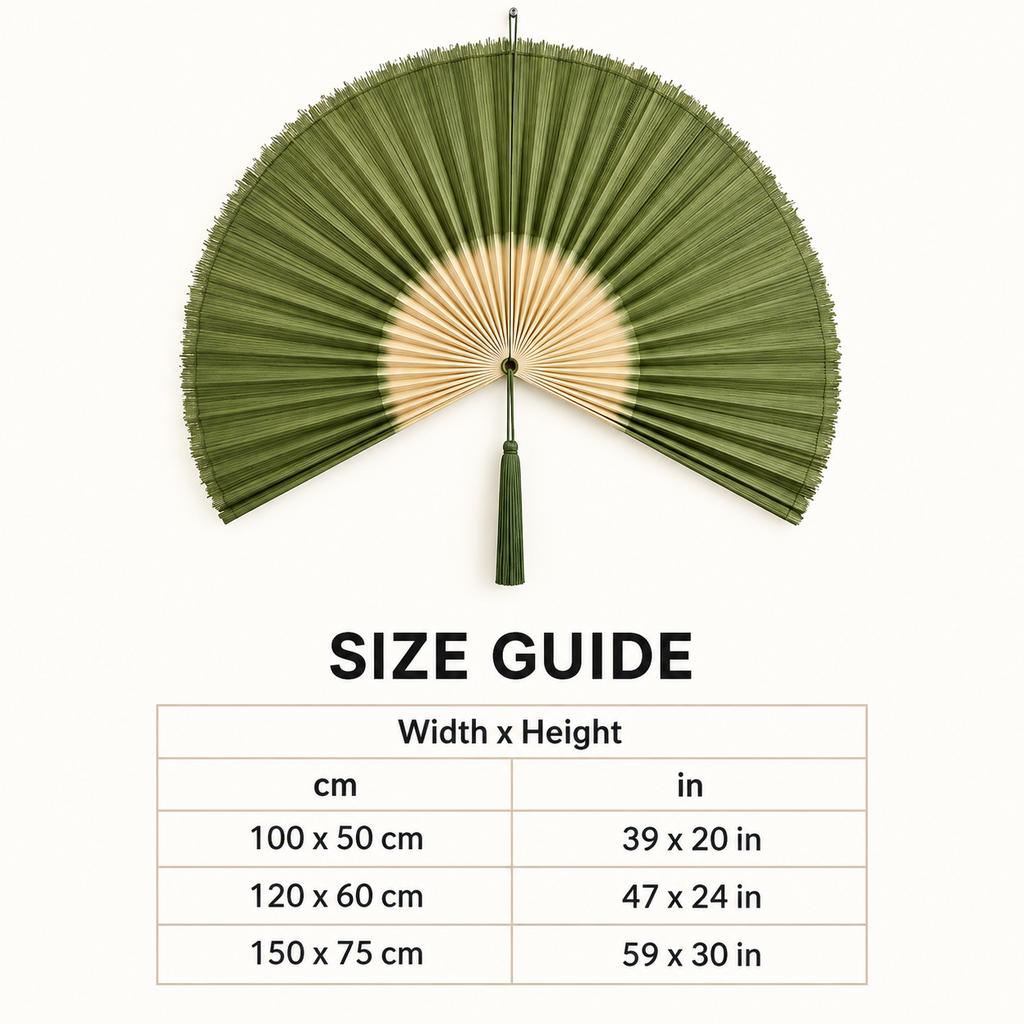 Olive Green & Natural woven wall fan available sizes in centimeters and inches
