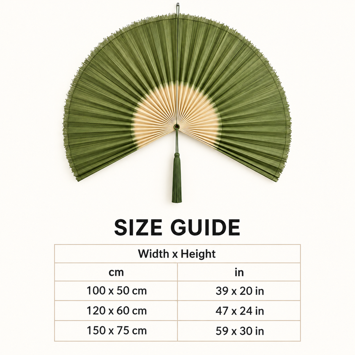 Olive Green & Natural woven wall fan available sizes in centimeters and inches