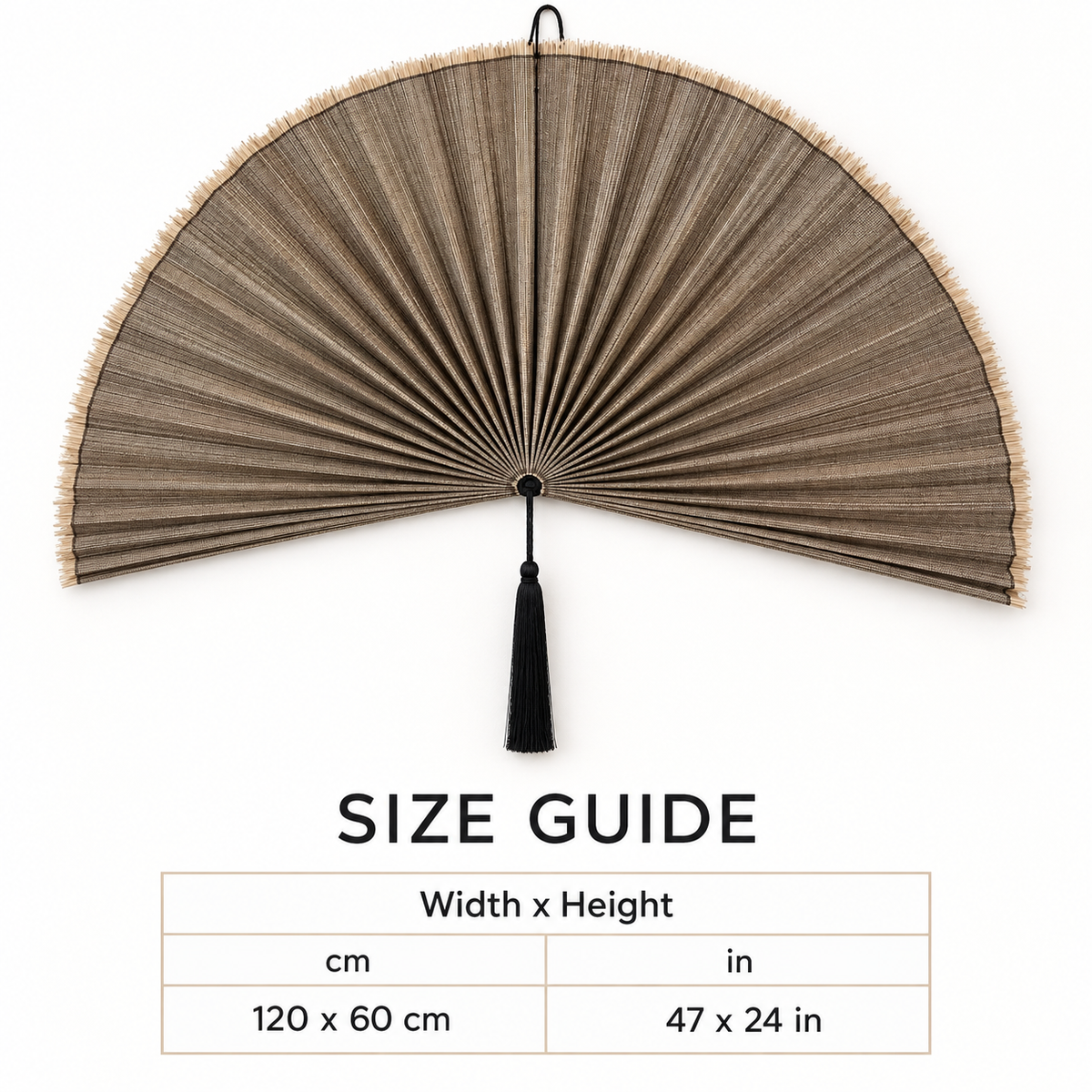 Linen Taupe woven wall fan available sizes in centimeters and inches