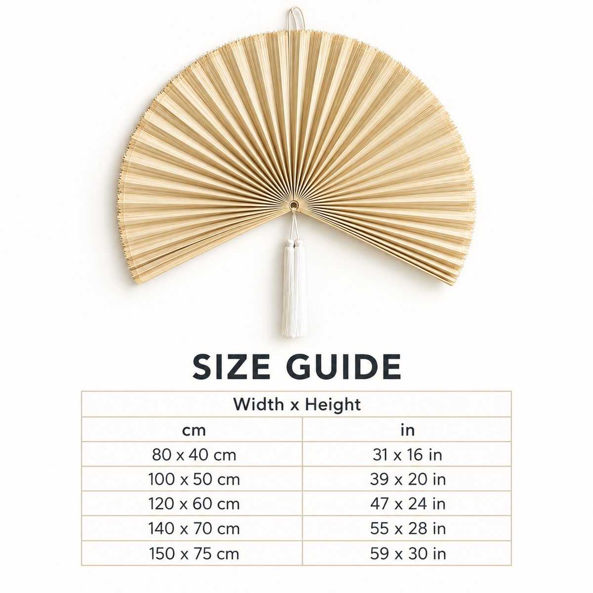 Natural Beige woven wall fan available sizes in centimeters and inches