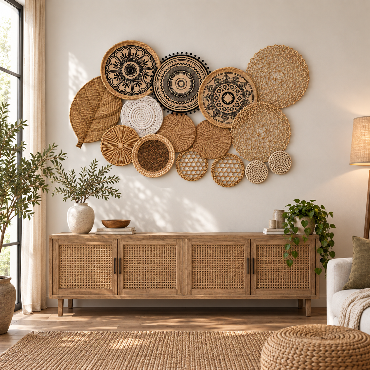 Fifteen-piece mandala basket gallery wall on a large wall