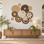 Twelve-piece black white basket gallery wall on a large wall