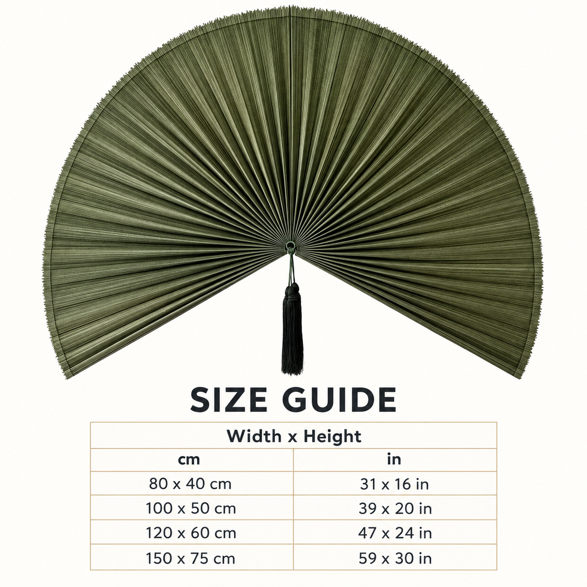 Dark Olive Green woven wall fan available sizes in centimeters and inches