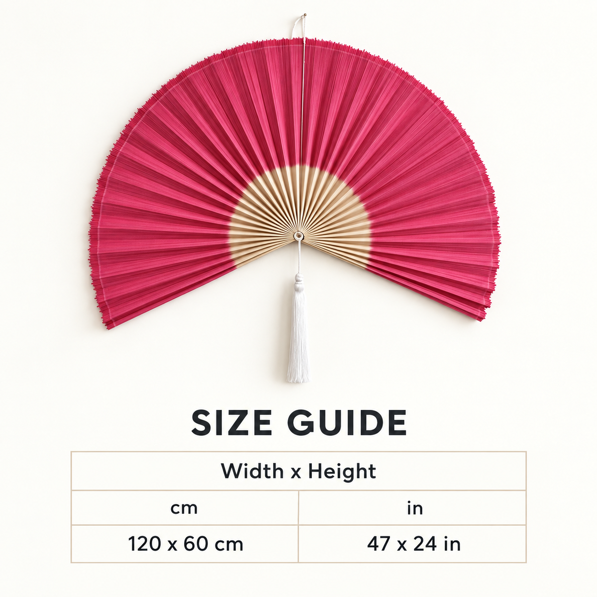 Magenta & Natural woven wall fan available sizes in centimeters and inches
