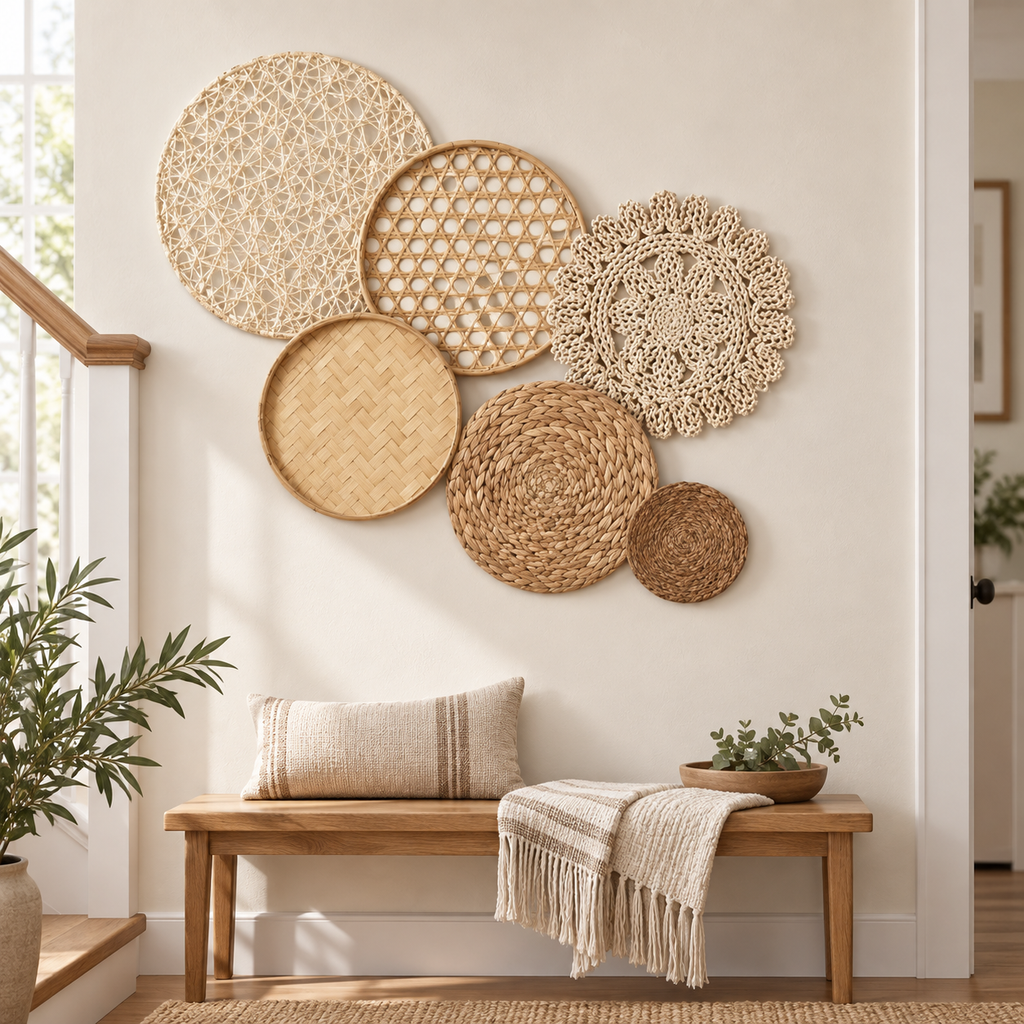 Layered woven basket wall decor beside a staircase entryway