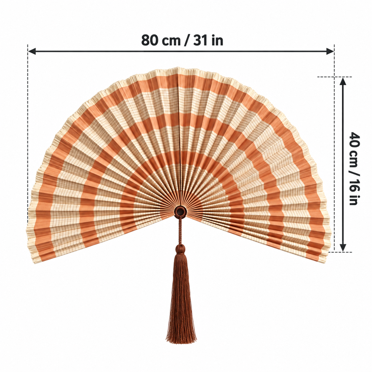 Wall fan dimensions 80 by 40 cm or approximately 31 by 16 inches excluding tassel