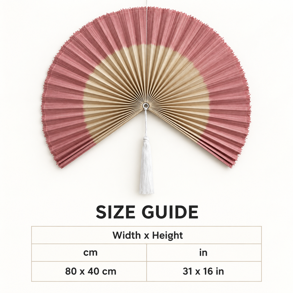 Dusty Pink & Natural woven wall fan available sizes in centimeters and inches