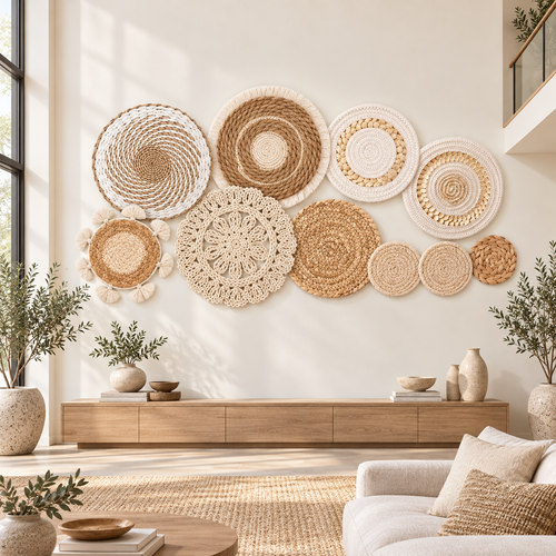 Ten-piece neutral basket gallery wall arranged on a large wall