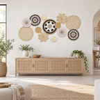 Twelve-piece black white basket gallery wall on a large wall