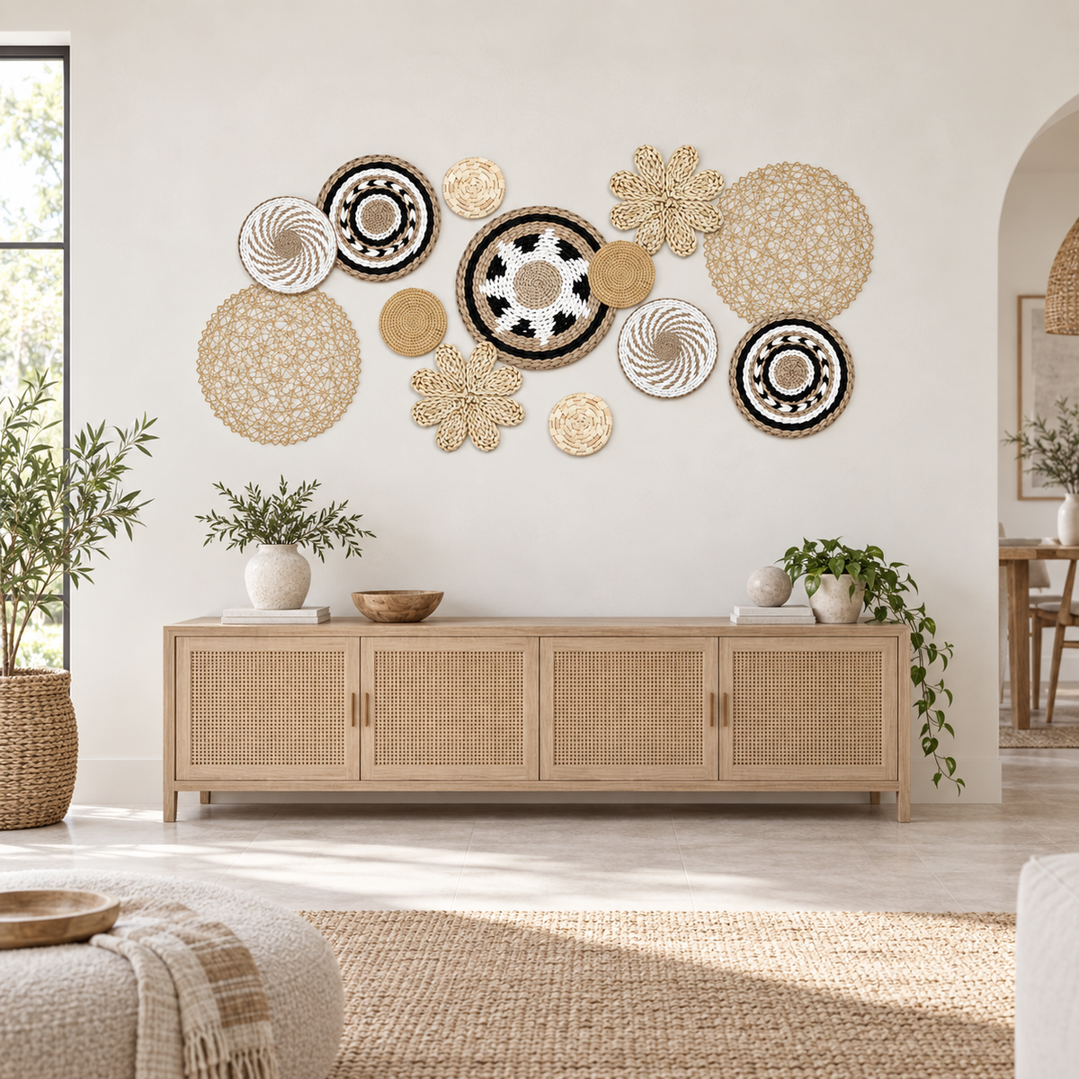 Twelve-piece black white basket gallery wall on a large wall