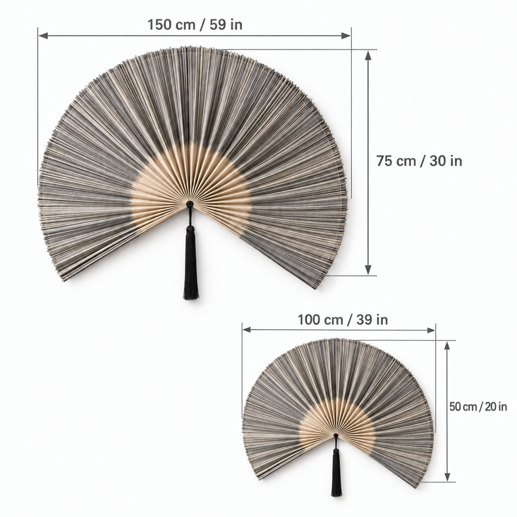 Gray bamboo wall fan set dimensions 59 by 30 inches and 39 by 20 inches