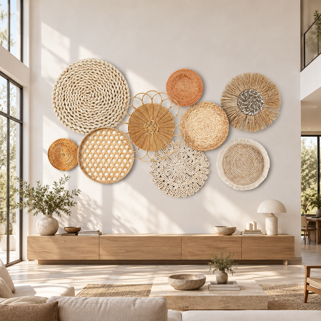 Nine-piece rattan basket gallery wall arranged on a large wall