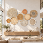Nine-piece rattan basket gallery wall arranged on a large wall