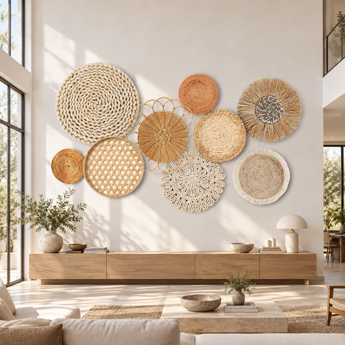Nine-piece rattan basket gallery wall arranged on a large wall