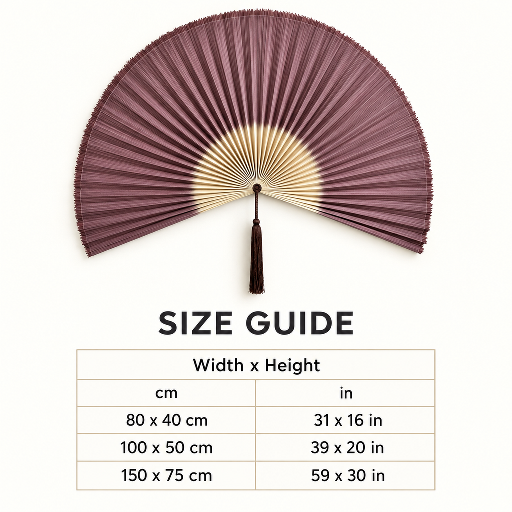 Plum Purple & Natural woven wall fan available sizes in centimeters and inches